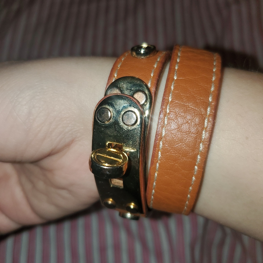Ralph Lauren Tan Leather & Gold Grommet  Wrap Bracelet